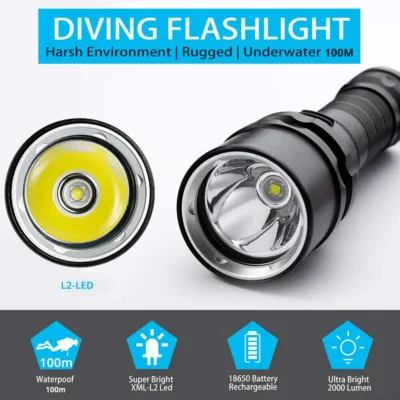High Power Diving Flashlight IP68 Highest Waterproof Rating Professional Diving Light Powered by 18650 Battery With Hand Rope 3