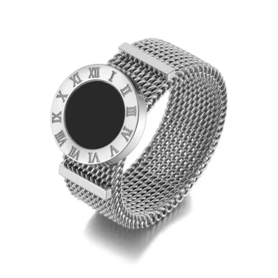 Original Design Roman Numerals Network Chain Rings Titanium Stainless Steel Black Acrylic Wedding Rings For Women 3