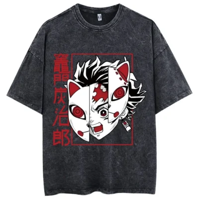 Demon Slayer T-shirt Oversized Acid Washed Tee Print Retro Vintage Punk & Gothic Unisex Adults' Hot Stamping 100% Cotton 1