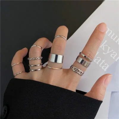 Modyle 10 pcs/set Bohemian Ring Set Gold Silver Color Wide Rings For Women Girls Simple Chain Finger Tail Rings 1