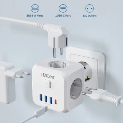 LENCENT Wall Socket Extender with 3 AC Outlets 3 USB Ports And1 Type C 7-in-1 EU Plug Charger On/Off Switch for Home 2