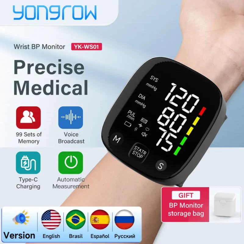 Yongrow New LED Wrist Blood Pressure Monitor Rechargeable English/Russian Voice Broadcast Sphygmomanometer Tonometer BP Monitor 1