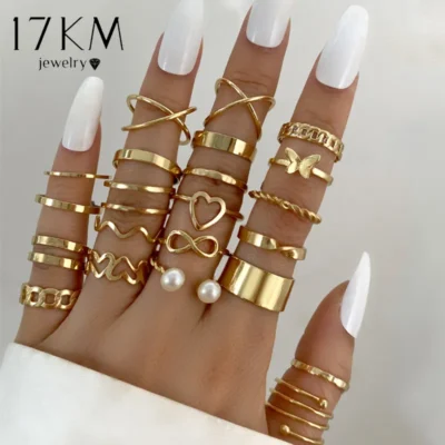 17KM Metal Gold Color Rings Set Twist Hollow Rings for Women Pearl Vintage Butterfly Rings Geometric Trendy Jewelry Accessories 1