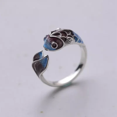 Vintage Lucky Koi Fish Cyprinoid Open Ring For Women Fashion Silver Color Copper Metal Female Rings Party Jewelry Gifts 1