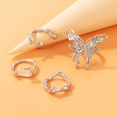Punk Silver Color Liquid Butterfly Rings Set For Women Fashion Irregular Wave Metal Knuckle Rings Aesthetic Egirl Gothic Jewelry 3