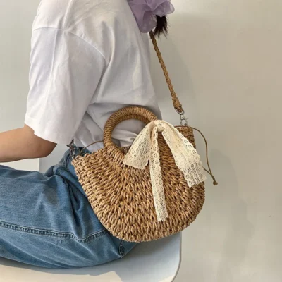 Straw Bag Women Hand-Woven Handbag Moon Shape Lace Bow Rattan Bag Big Capacity Drawstring Casual Beach Shoulder Crossbody Bag 2