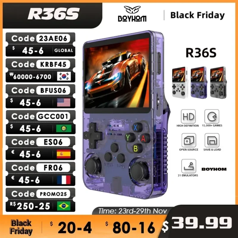 Open Source R36S Retro Handheld Video Game Console Linux System 3.5 Inch IPS Screen Portable Pocket Video Player R35S 64GB Games 1