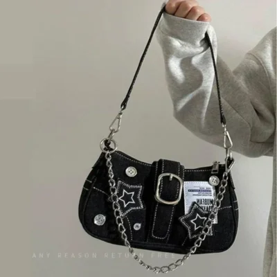Y2k Fashion Women's Handbags Stars Pattern Cool Girls Underarm Bag Fashion Canvas Female Small Shoulder Bags Chain Tote Purses 2