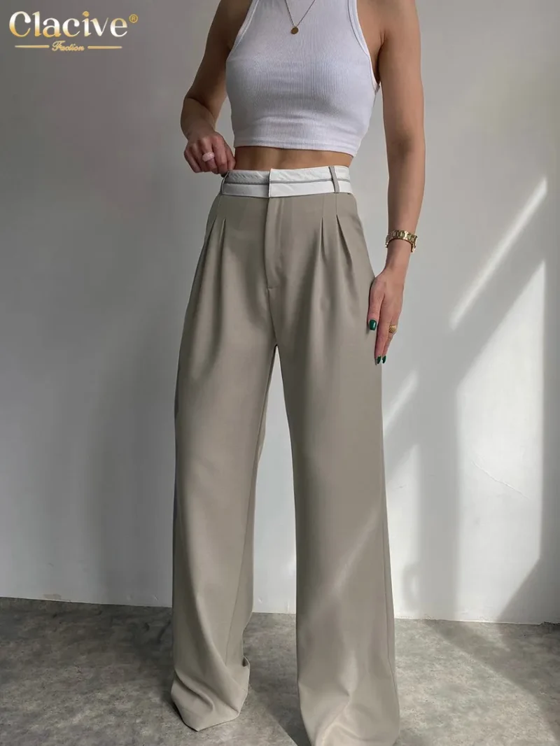 Clacive Elegant Loose Gray Office Women Pants Fashion High Waist Straight Trousers Casual Chic Spliced Full Length Female Pants 1
