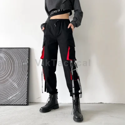 Women Cargo Pants 2023 Harem Pants Fashion Punk Pockets Jogger Trousers With Chain Harajuku Elastics High Waist Streetwear 3