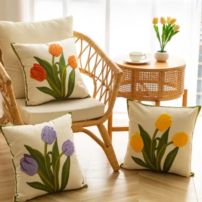 Pure Cotton EmbroideryTulip Spring Throw Pillow Covers 18x18 Set of 4 Outdoor Patio Cushion Cases Summer Garden Decorations Home 1