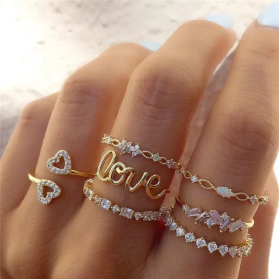 Modyle Boho Gold Color Heart Rings Set For Women Cubic Zirconia Star Moon Arrow Flower Finger Rings Female Trendy Jewelry Gift 2