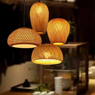 Classical Bamboo Weaving Chandelier Lamp Handmade Pendant Light Hanging LED Ceiling Fixtures Rattan Woven Home Bedroom Decors 5