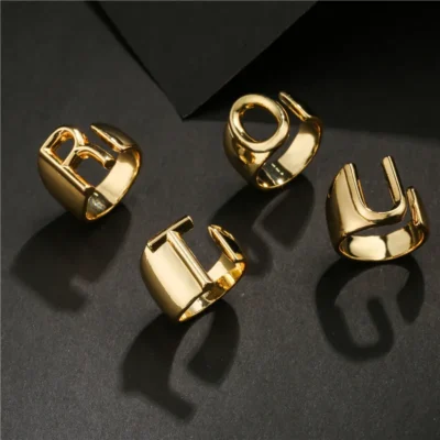Hollow A-Z Letter Gold Color Metal Adjustable Opening Ring Initials Name Alphabet Female Party Chunky Wide Trendy Jewelry 2