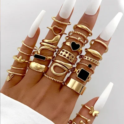 Maximum 27PCS Vintage Heart Snake Butterfly Rings Set for Women Metal Gold Plated Geometric Hollow Finger Ring Jewelry Gift New 1