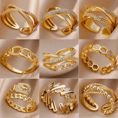 Fashion Gold Color Stainless Steel Rings For Women Chain Hollow Out Crystal Zircon Finger Ring Jewelry 2023 Gift anillos mujer 1