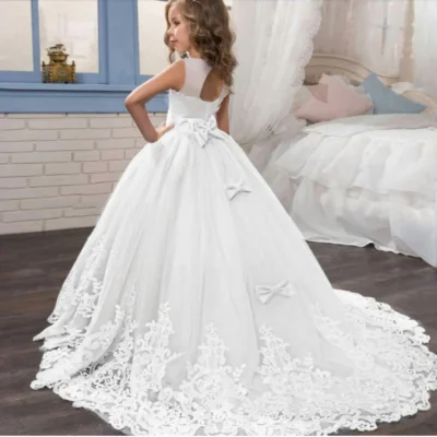 Girl Weddings Party Prom Tailing Dresses for 12 to 14 Years Flower Elegant Teenage Bridesmaid White Dress Children Birthday Gown 1