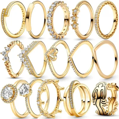 New Gold Plated Ring Zircon Sparkling Princess Wishbone Heart Women Original Fine Jewelry 1