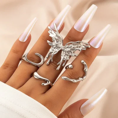 Punk Silver Color Liquid Butterfly Rings Set For Women Fashion Irregular Wave Metal Knuckle Rings Aesthetic Egirl Gothic Jewelry 1