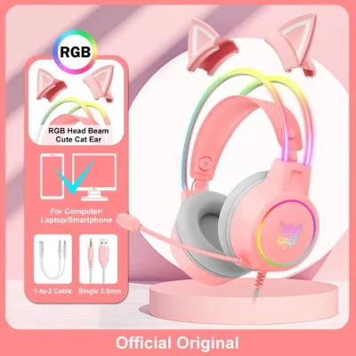 ONIKUMA X15 Pro Over-Ear Headphones Gaming Headset Wired Cancelling Earphones Pink Cat Ears Rgb Light With Mic For PC PS4 3