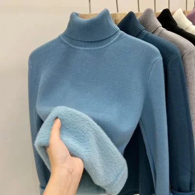 Thicken Velvet Turtleneck Sweater Women Korean Fashion Lined Warm Sueter Knitted Pullover Slim Top Winter Jersey Knitwear Jumper 2