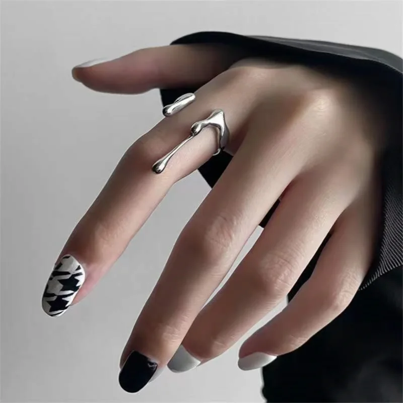 Punk Geometric Irregular Liquid Lava Waterdrop Shaped Open Rings For Women Vintage Silver Color Metal Rings Personality Jewelry 1