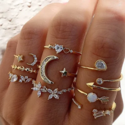 Modyle Boho Gold Color Heart Rings Set For Women Cubic Zirconia Star Moon Arrow Flower Finger Rings Female Trendy Jewelry Gift 1