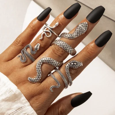HNSP Vintage Long Snake Ring Set For Women Gothic Black Gold Silver Color Adjustable Finger Jewelry Accessories Female Gift 2