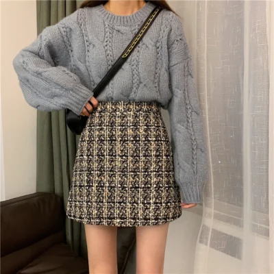 Fall Winter Plaid Wool Skirt Womens Plus Size Thick Woolen Glitter Mini Tweed Skirt Saia Feminina 4