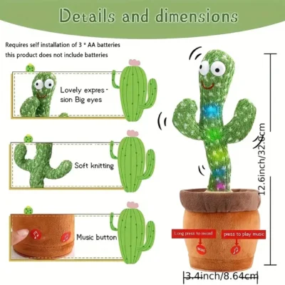 1pc-Dancing Talking Cactus Toys For Baby Boys And Girls, Singing Mimicking Recording Repeating What You Say Sunny Cactus Up Plus 3