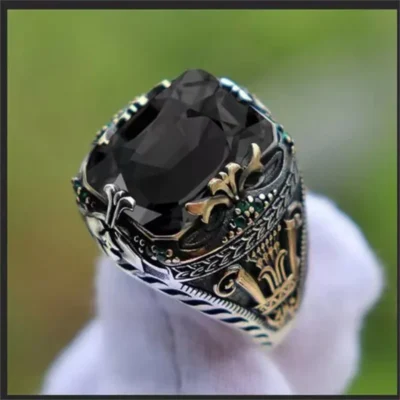 Retro Handmade Turkish Signet Rings for Men Ancient Silver Color Carved Ring Mystic Zircon Inlay New Punk Motor Biker Ring 3