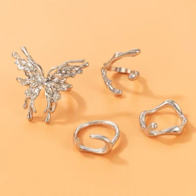 Punk Silver Color Liquid Butterfly Rings Set For Women Fashion Irregular Wave Metal Knuckle Rings Aesthetic Egirl Gothic Jewelry 4