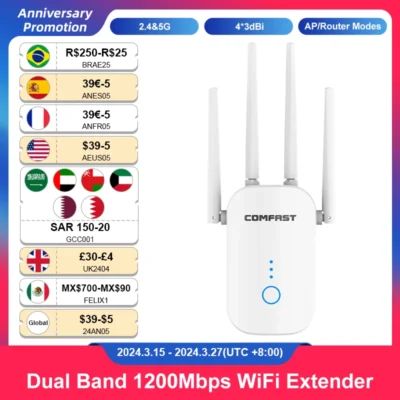 1200Mbps Dual Band 2.4G&5GHz WiFi Extender 802.11AC WiFi Repeater Powerful Wireless Router/AP AC1200 Wlan Wi Fi Range Amplifier 1