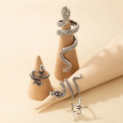 HNSP Vintage Long Snake Ring Set For Women Gothic Black Gold Silver Color Adjustable Finger Jewelry Accessories Female Gift 5