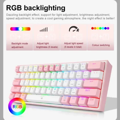 REDRAGON Fizz K617 RGB USB Mini Mechanical Gaming Wired Keyboard Red Switch 61 Key Gamer for Computer PC Laptop Detachable Cable 4