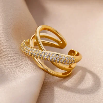 Fashion Gold Color Stainless Steel Rings For Women Chain Hollow Out Crystal Zircon Finger Ring Jewelry 2023 Gift anillos mujer 4