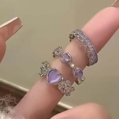 New Y2K Purple Crystal Irregular Heart Rings for Women Kpop Creative Heart Geometric Open Ring Punk Vintage Fashion Jewely Gifts 1