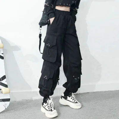Women Cargo Pants 2023 Harem Pants Fashion Punk Pockets Jogger Trousers With Chain Harajuku Elastics High Waist Streetwear 4