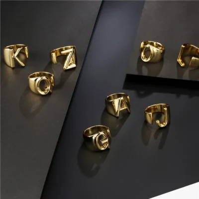 Hollow A-Z Letter Gold Color Metal Adjustable Opening Ring Initials Name Alphabet Female Party Chunky Wide Trendy Jewelry 4
