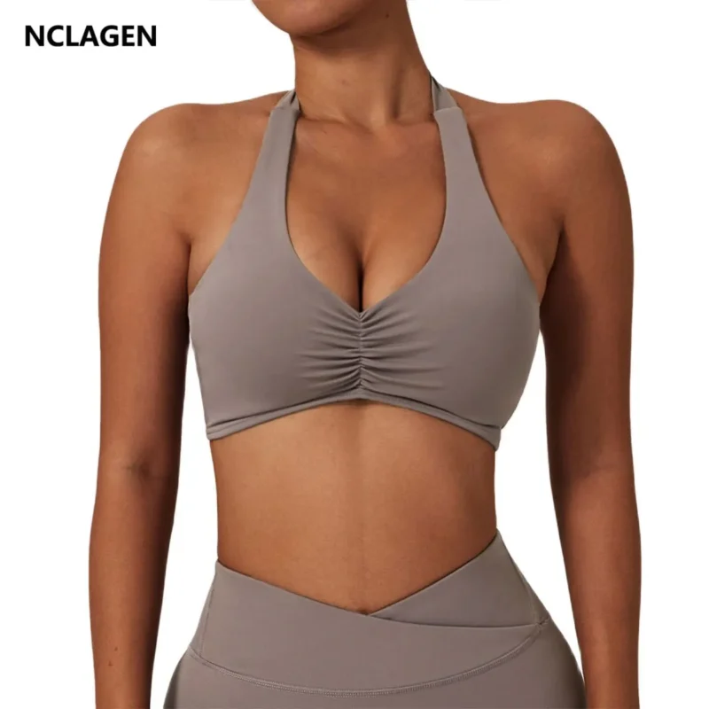 NCLAGEN Women Halter Sports Bra High Support Impact Ruched Fitness Gym Yoga Top Workout Clothes Push-up Corset Padded Activewear 1