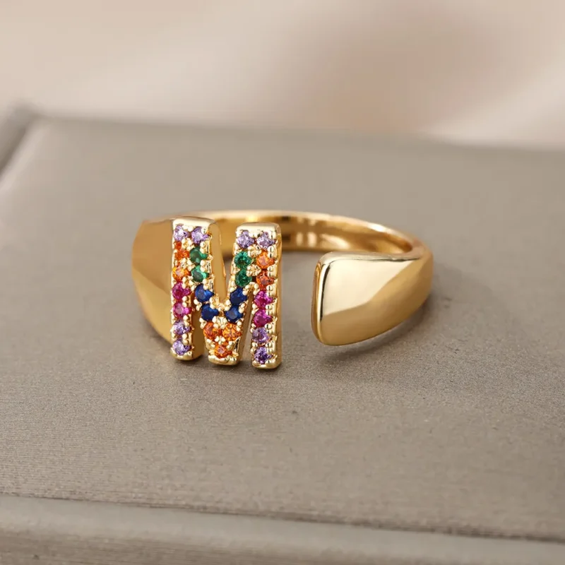 Rainbow Zircon Letter Rings For Women Fashion Chunky Wide Letter A-Z Stainless Steel Ring Wedding Boho Jewelry free shipping 1