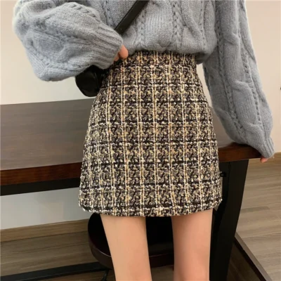 Fall Winter Plaid Wool Skirt Womens Plus Size Thick Woolen Glitter Mini Tweed Skirt Saia Feminina 3