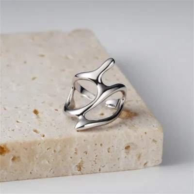Punk Geometric Irregular Liquid Lava Waterdrop Shaped Open Rings For Women Vintage Silver Color Metal Rings Personality Jewelry 3