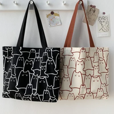 Canvas Bags Handbag for Women Shopper Cute Cat Tote Bag with Zipper Designer Bag Japanese Style Cartoon Small Shoulder 2