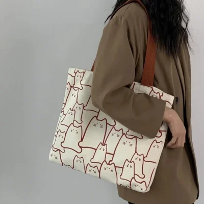 Canvas Bags Handbag for Women Shopper Cute Cat Tote Bag with Zipper Designer Bag Japanese Style Cartoon Small Shoulder 5
