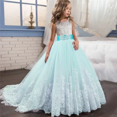 Girl Weddings Party Prom Tailing Dresses for 12 to 14 Years Flower Elegant Teenage Bridesmaid White Dress Children Birthday Gown 5