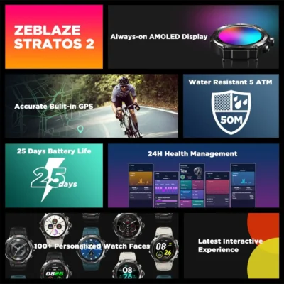 Zeblaze Stratos 2 GPS Smart Watch AMOLED Display 24h Health Monitor 5 ATM Long Battery Life Smartwatch for Men 2