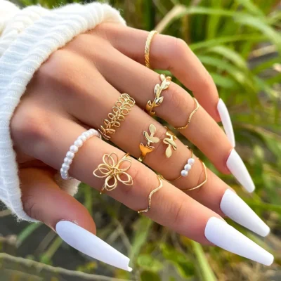 Vintage Crystal Ring Sets for Women Aesthetic Geometric Luxury Lady Jewelry Gift 2023 Fashion Pearl Rings 5pcs/6pcs/10pcs 5