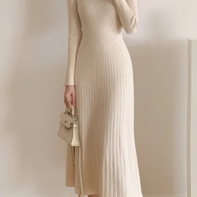 Autumn Winter 2023 Slim Long Sleeve Party Midi Dress for Women Knitted Half High Collar Elegant Knitted Sweater Dresses Ladies 1
