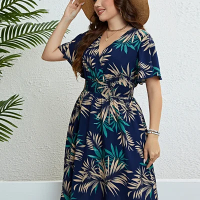 Plus Size Floral Print Wrapped V-Neck Women Dresses Short Ruffle Sleeves A-Line Bohemia Robe Casual Lady Vacation Clothing 1